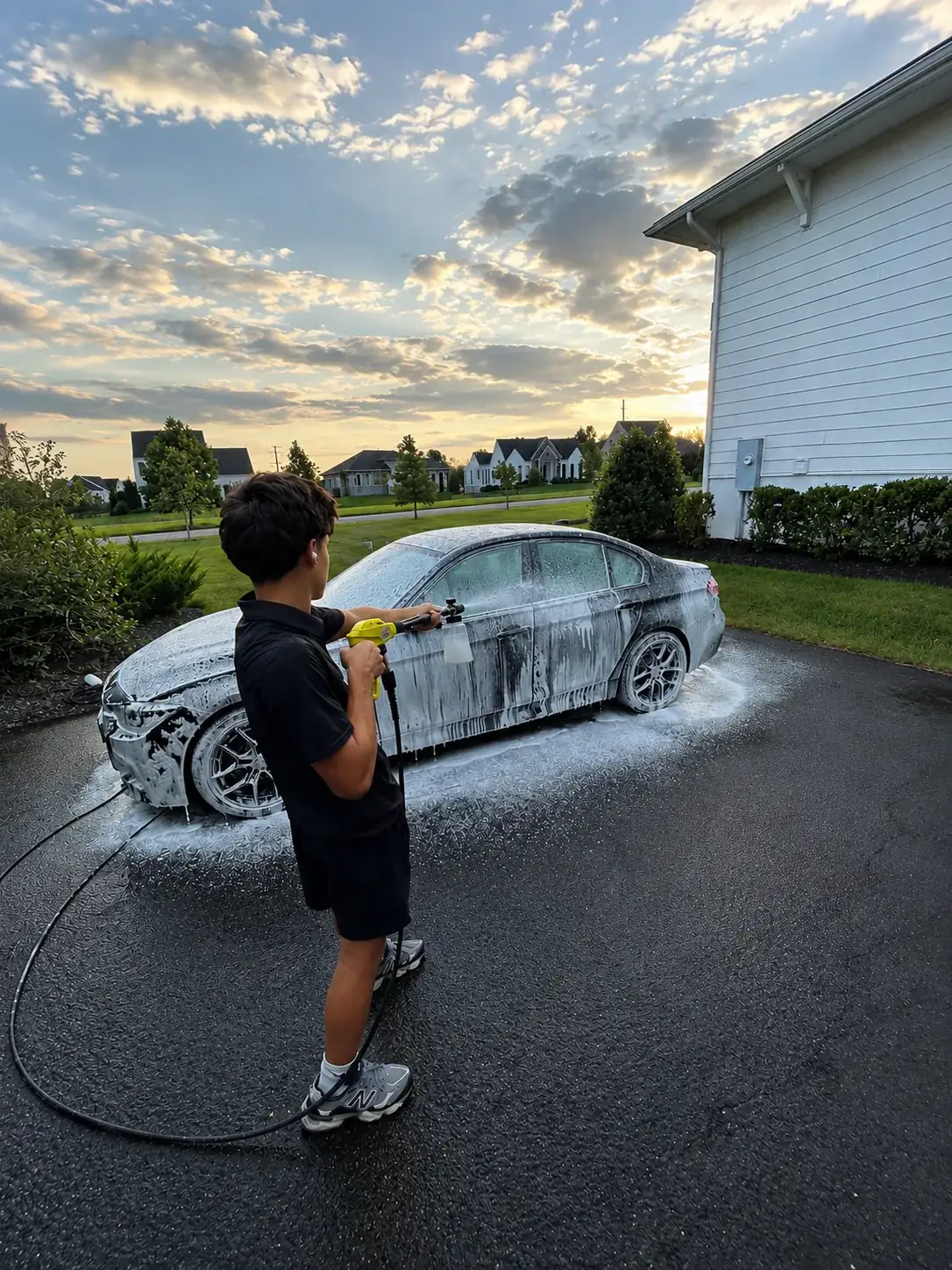 Alex from Prime Mobile Detailing foam-washing a car in a Loudoun County driveway